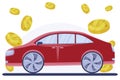 Illustration of a car side view, coins, the concept of selling or buying cars, clipart cars with coins